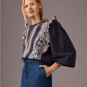 By Anthropologie Navy Blue Ruffled Deco Pullover Sweatshirt XL